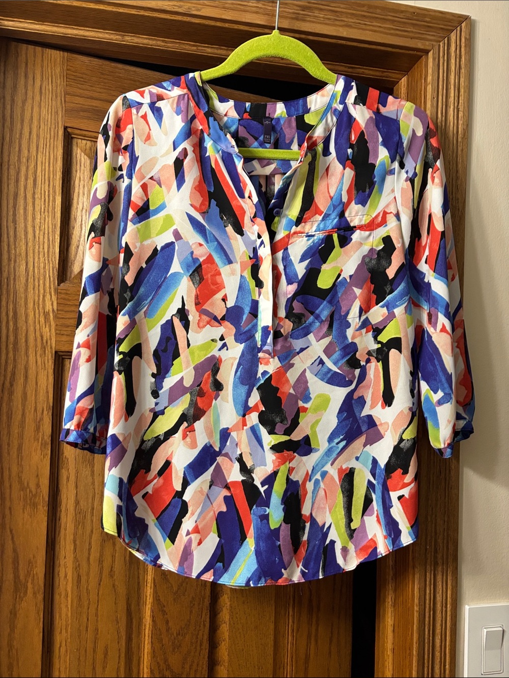 NYDJ Abstract Multicolor Brushstroke Blouse - Navy, Red, Lime, Purple